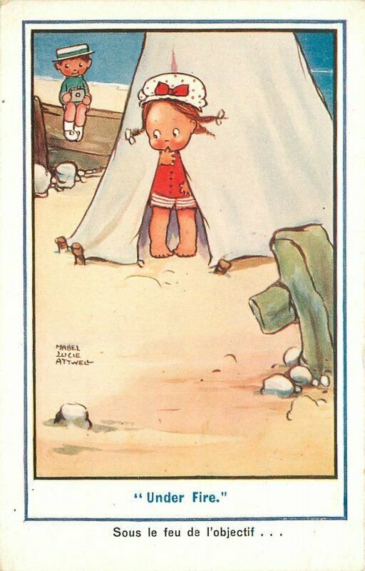 C-1910 Mable Lucie Atwell Tent Beach romance Comic Humor Postcard 21-14258