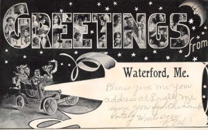 Waterford Maine Greetings Driving Car at Night Vintage Postcard AA41739