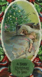 Merry Happy Christmas Postcard Children in Bed Tree Embossed