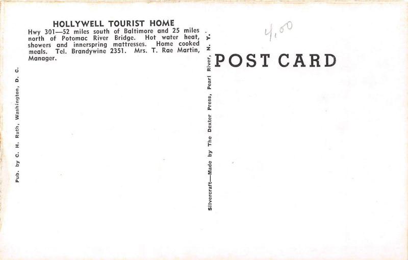 B43/ Waldorf Maryland Md Postcard c1940s Hollywell Tourist Home HWY5 Roadside