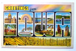 Greetings From Iowa Large Big Letter Postcard Linen Curt Teich Unused Vintage