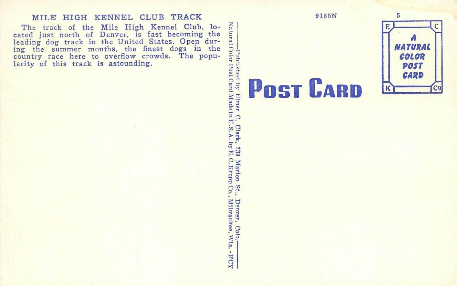 Denver Colorado 1940s Postcard Mile High Kennel Club Track Dog Racing