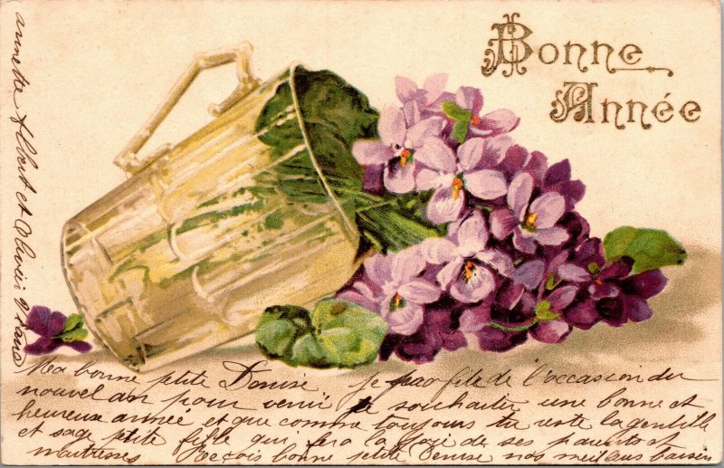 VINTAGE FRENCH POSTCARD -  BONNE ANNEE, NEW YEARS, FLOWER VASE