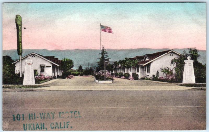 UKIAH, California  CA   Handcolored Roadside  101 HI-WAY HOTEL  Postcard