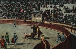 Juarez Mexico, Action in Bull Fight Picador Horse vs Bull Vintage Postcard c1910