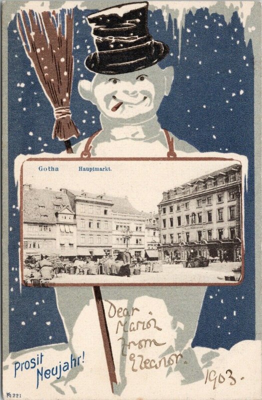 Gotha Germany Haupmarkt Snowman Prosit Neujahr Happy New Year 1903 Postcard F70