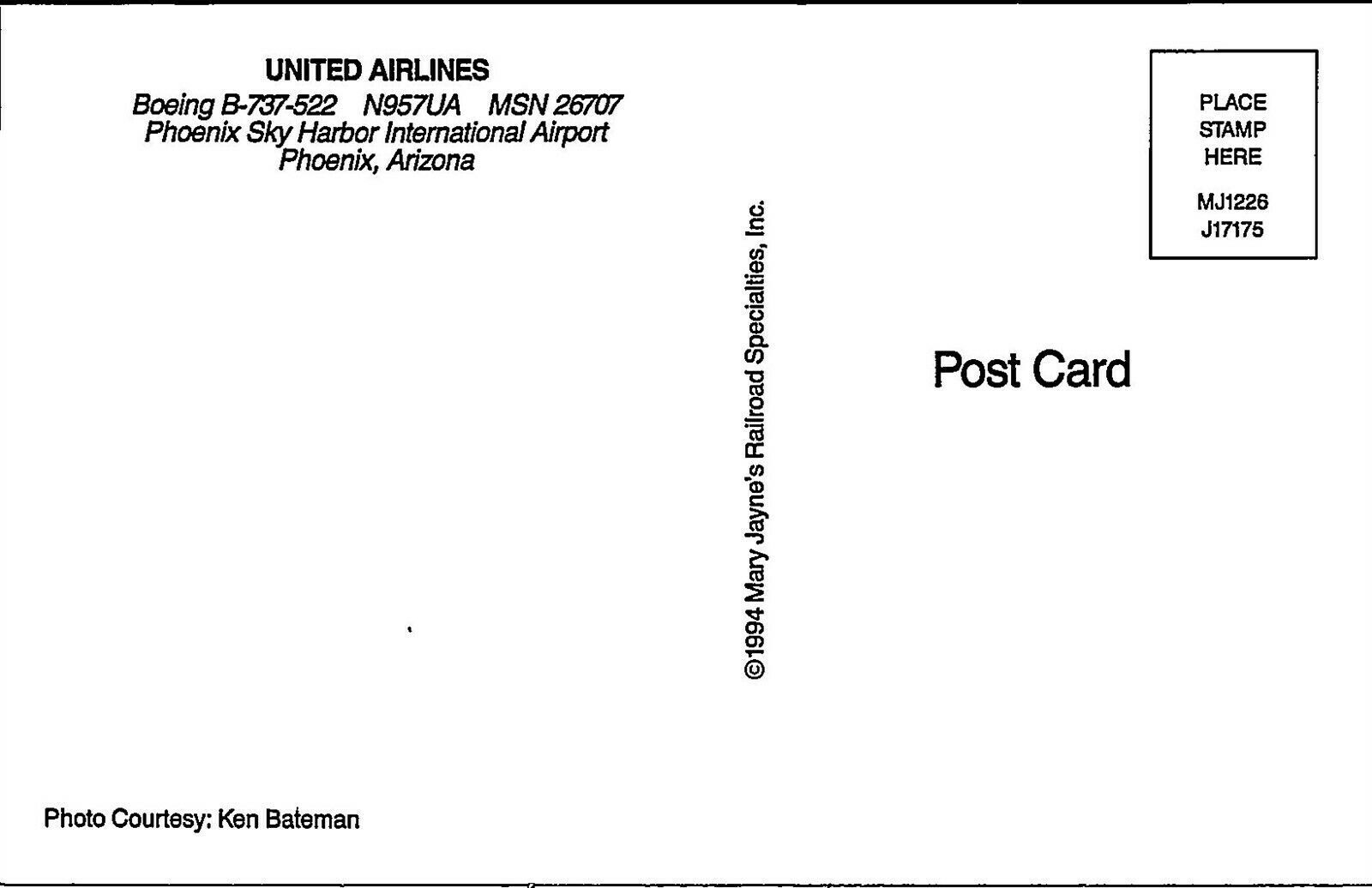PostcardUnited AirlinesBoeing B737522Phoenix Sky Harbor AirportVintageA55 United States