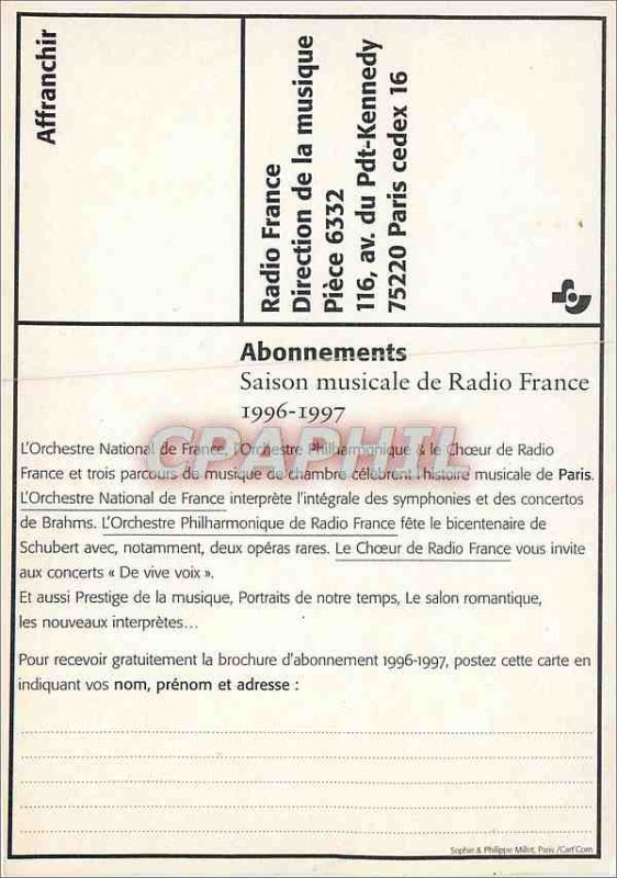 Postcard Modern Radio France musical Season Subscriptions Paris Tour Eiffel