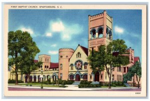 Spartanburg South Carolina Postcard First Baptist Church Building c1940 Vintage