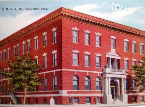 YMCA Salt Lake City Utah Postcard Unused Brick Building People Flag Vintage