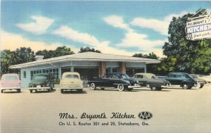 Postcard 1940s Georgia Statesboro Feast Mrs. Bryant's Kitchen autos GA24-187