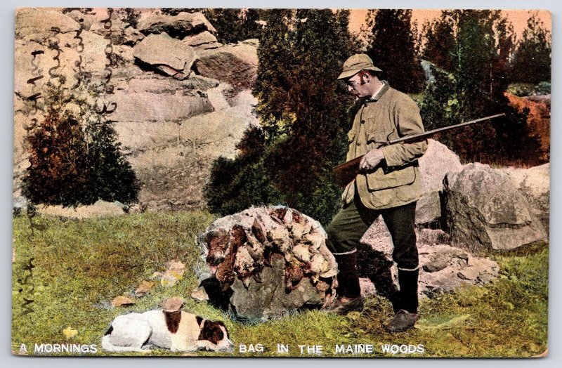 1907 A Mornings Bag In The Maine ME Woods Hunter And His Dog Posted Postcard