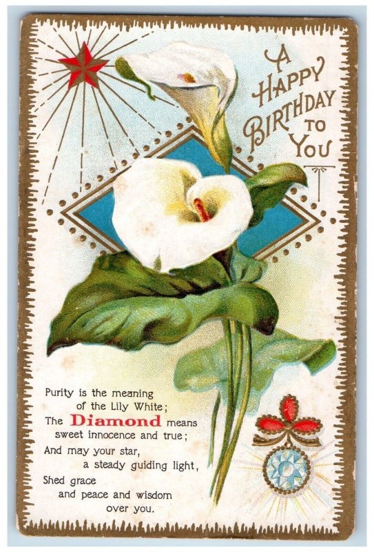 Language Of Flowers Romance Postcard Birthday Lily White Diamond Embossed c1910s