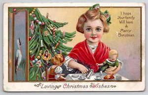 Christmas Wishes Girl Tea Party With Baby Dolls Tree Ballerina Postcard U26