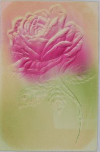 Dark Gradient Pink Rose with Steam and Three Green Leaves- Vintage Postcard