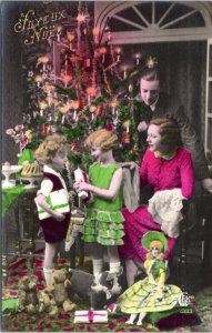 Postcard Christmas France Joyeux Noel  Family Opening Presents Tinted CEKO 1933