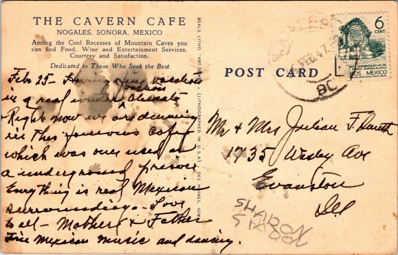 Cavern Cafe Nogales Sonora Mexico Linen Postcard PM WOB Note VTG  