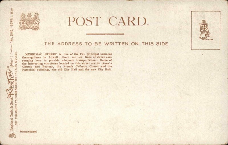 Lowell MA Merrimac St. TUCK c1910 Postcard