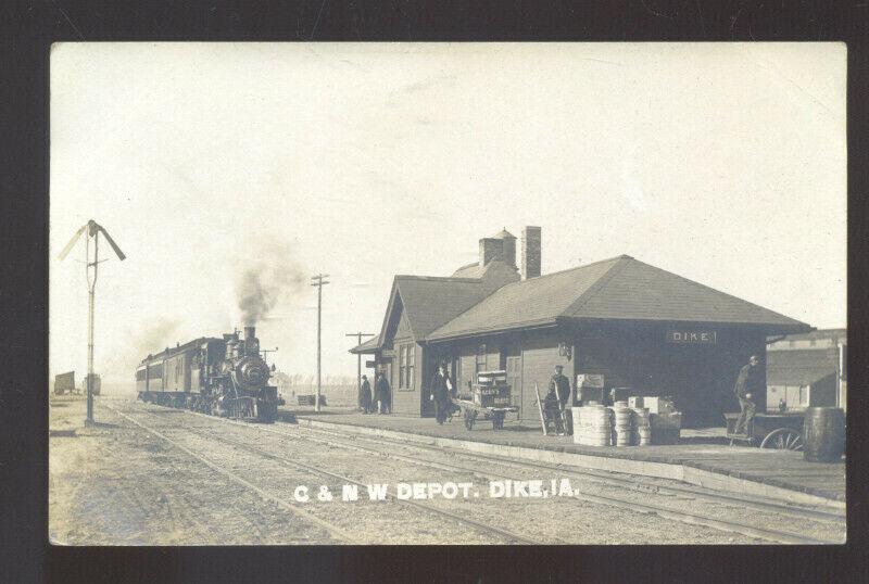 RPPC DIKE IOWA C&NW RAILROAD DEPOT TRAIN STATION REAL PHOTO POSTCARD VINTAGE