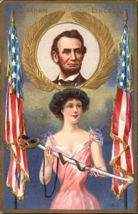 Abraham Lincoln Woman with Sword Martyred President c1910 Vintage Postcard