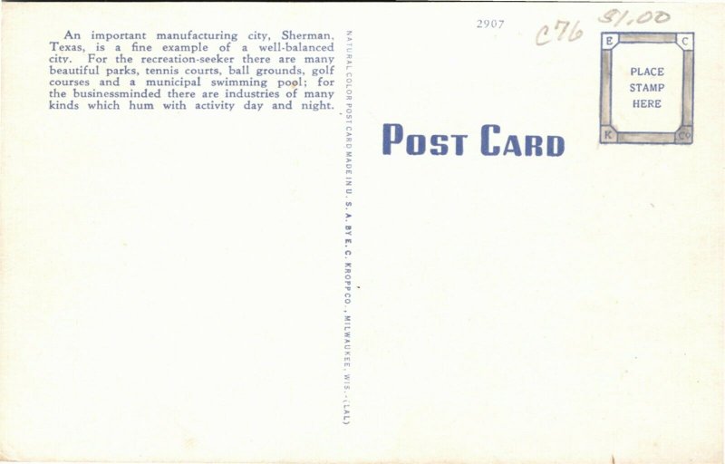 Postcard TX Sherman Downtown Business District Aerial View LINEN 1940s S56