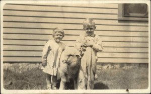 Sweet Kids Brother & Sister w/ Sheep c1910 Real Photo Postcard