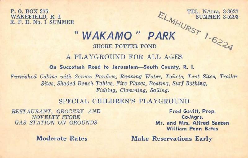 South County Rhode Island Wakamo Park Map Antique Postcard K80968