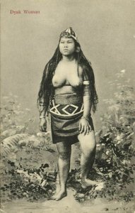 straits, Malay Malaysia, BORNEO SARAWAK, Topless Dayak Woman (1910s) Postcard 