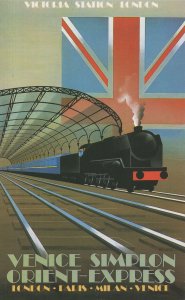 Orient Express Train at Victoria Station London Art Deco Postcard