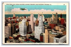 Vintage 1942 Postcard Downtown Aerial Chicago Illinois Lake Michigan Small Plane