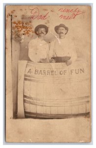 RPPC Studio View Two Men Big Mustache in Prop Barrell of Fun UNP Postcard S18