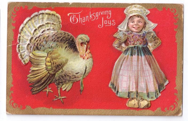 Thanksgiving Turkey Dutch Girl Vintage Gold Embossed Postcard