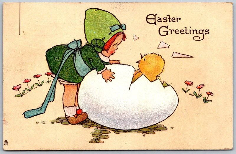 Vtg Easter Greetings Children & Chicks Hatched Egg 1910s Raphael Tuck Postcard