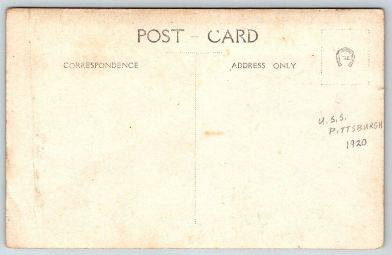 1920  RPPC USS Pittsburgh  US Navy Chaplain Preaching  Sailor Praying  Postcard