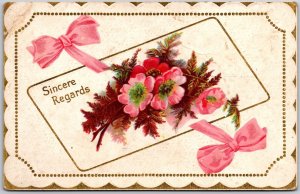 1911 Sincere Regards Pink Ribbon Flower Bouquet Greetings Card Posted Postcard