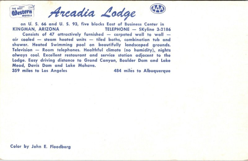 Postcard Swimming Pool Arcadia Lodge U.S. Route 66 and 93 in Kingman, Arizona 