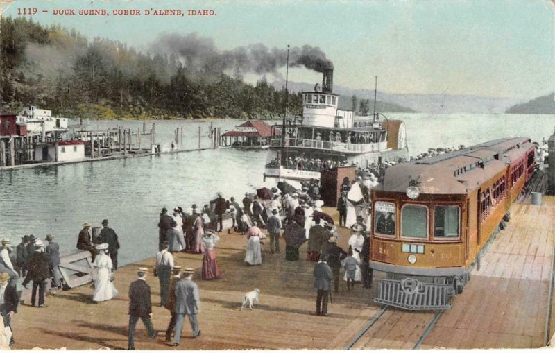 Dock Scene, Coeur d'Alene, Idaho Train Steamboat 1908 Mitchell Vintage Postcard