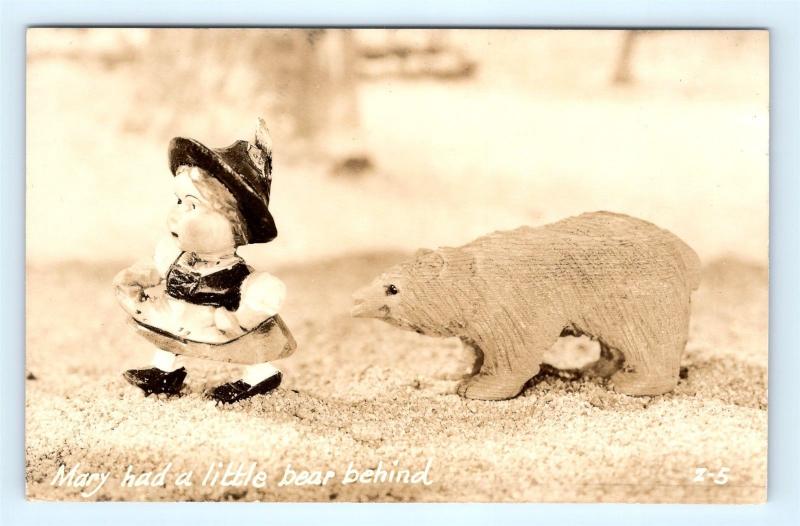 Postcard Mary Had A Little Bear Behind Wooden Doll & Bear RPPC Real Photo G19