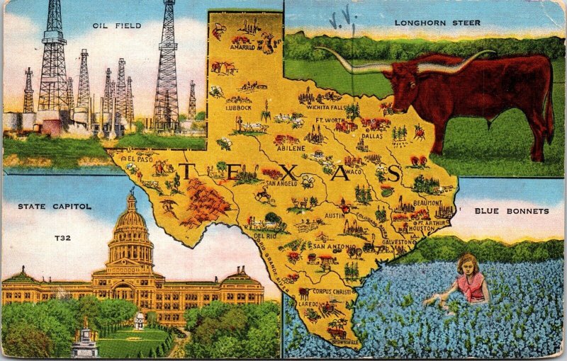 Texas State Map Cities Multi View Bull State Capitol DB Cancel WOB Postcard