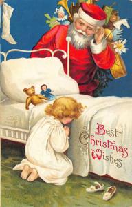 Best Christmas Wishes Red Suited Santa Claus Clapsaddle Girl Praying Postcard