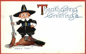Gibson Thanksgiving Little Boy Pilgrim with Rifle and Dead Turkey c1910 Postcard