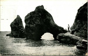 Pizmo Pismo CA California Arch Rock Shell Beach Man w Cane Postcard PNC