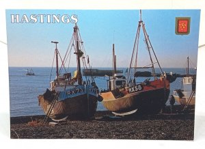 Fishing Boats RX73 & RX58 on Beach At  Hastings Sussex Vintage Postcard