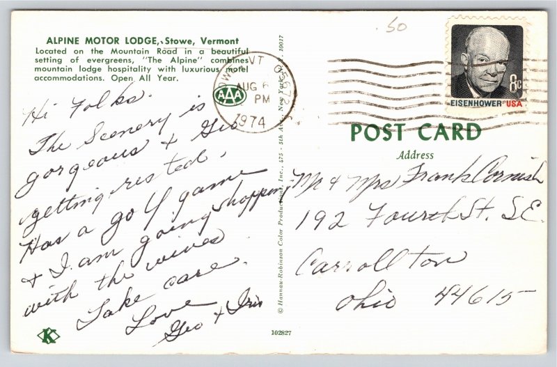 Stowe Vermont~Alpine Motor Lodge Dining Room Scene~PM 1974~Vintage Postcard