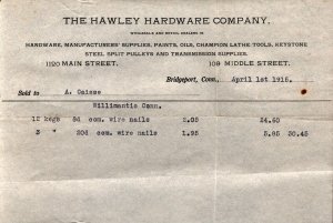 1915  Bridgeport  Connecticut  The Hawley Hardware Co.  Receipt  8 x 5