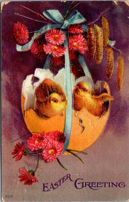  EASTER GREETINGS POSTCARD - 2 CHICKS FLOWERS - VINTAGE - PC 