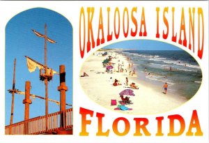 Okaloosa Island, FL Florida  BEACH SCENE GREETINGS Sunbathers/Pier  4X6 Postcard
