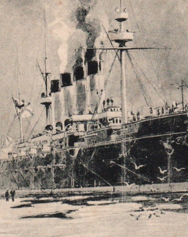 Imperial Russian Navy Armored Cruiser in Ice Antique Postcard