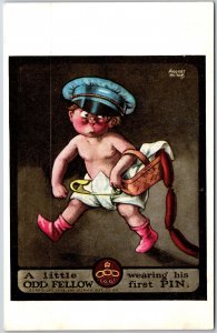 A Little Odd Fellow Wearing His First Pin Baby Boy Holding Basket Postcard