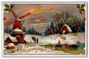 1913 Christmas Windmill Winter Snow House Holly Berries St. Joseph MI Postcard